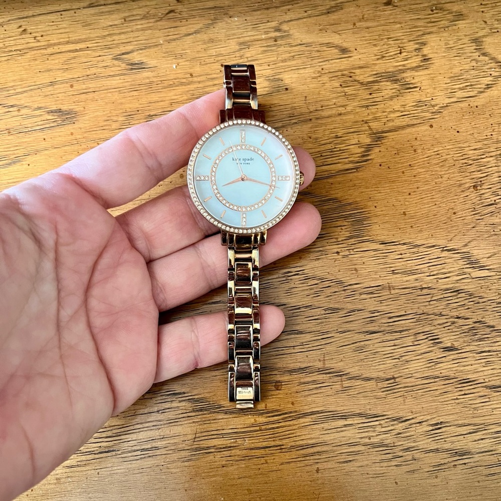 Kate Spade Rose Gold Rhinestone Watch with Mother of Pearl Face